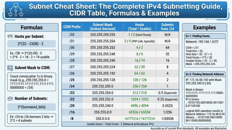 Subnet Cheat Sheet: The Complete IPv4 Subnetting Guide, CIDR Table, Formulas & Examples